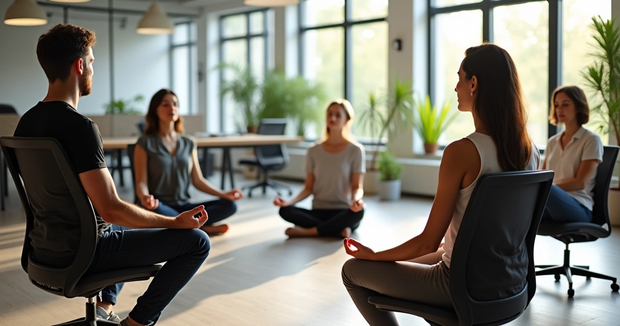 Colaboradores de empresa praticando meditação em grupo. 