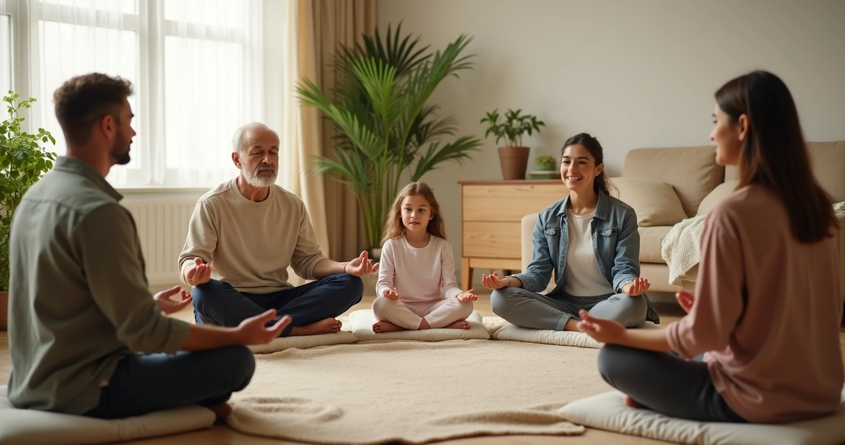 Grupo de diferentes idades meditando em círculo na sala 