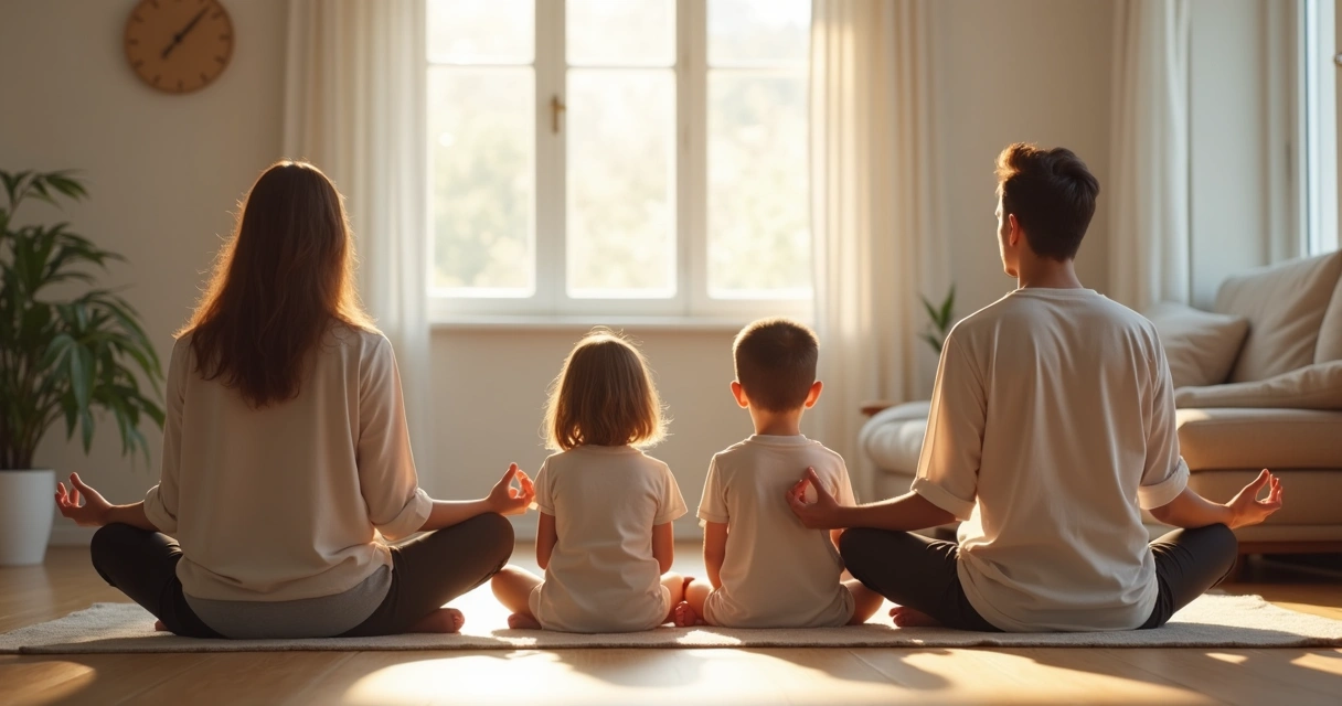 Família reunida sentada no chão praticando meditação junta 