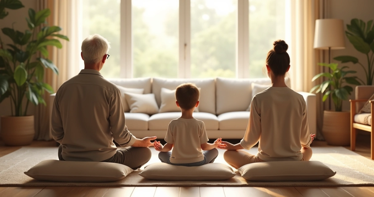 Família meditando em sala iluminada