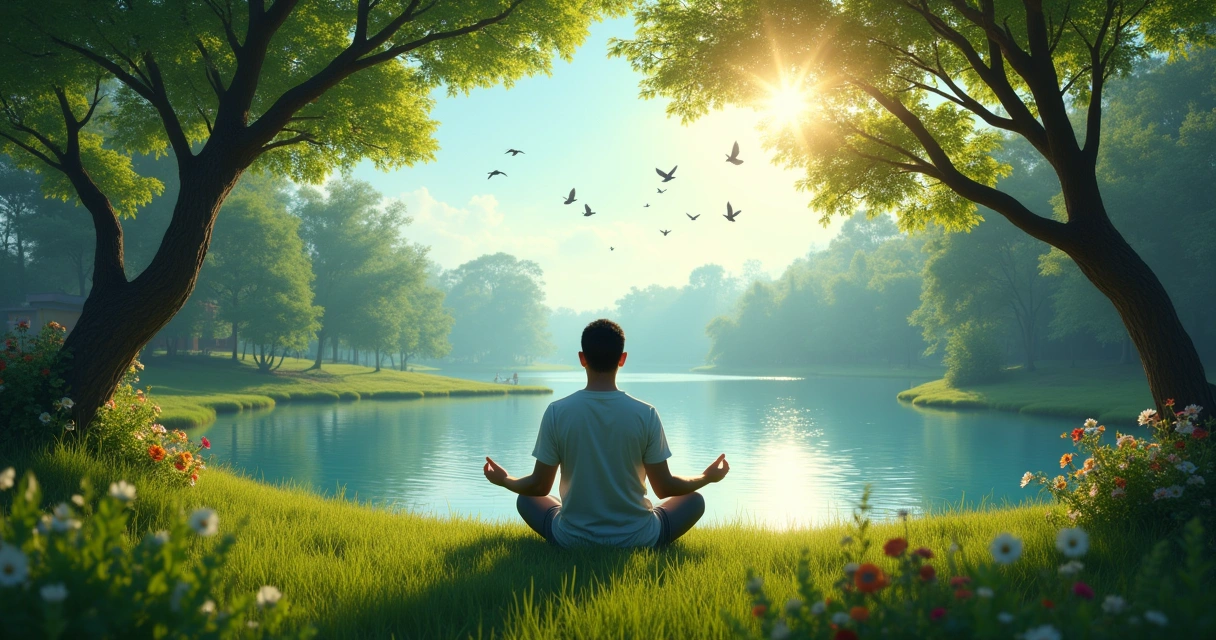 Homem meditando em uma clareira de floresta com lago ao fundo e luz do sol suave.