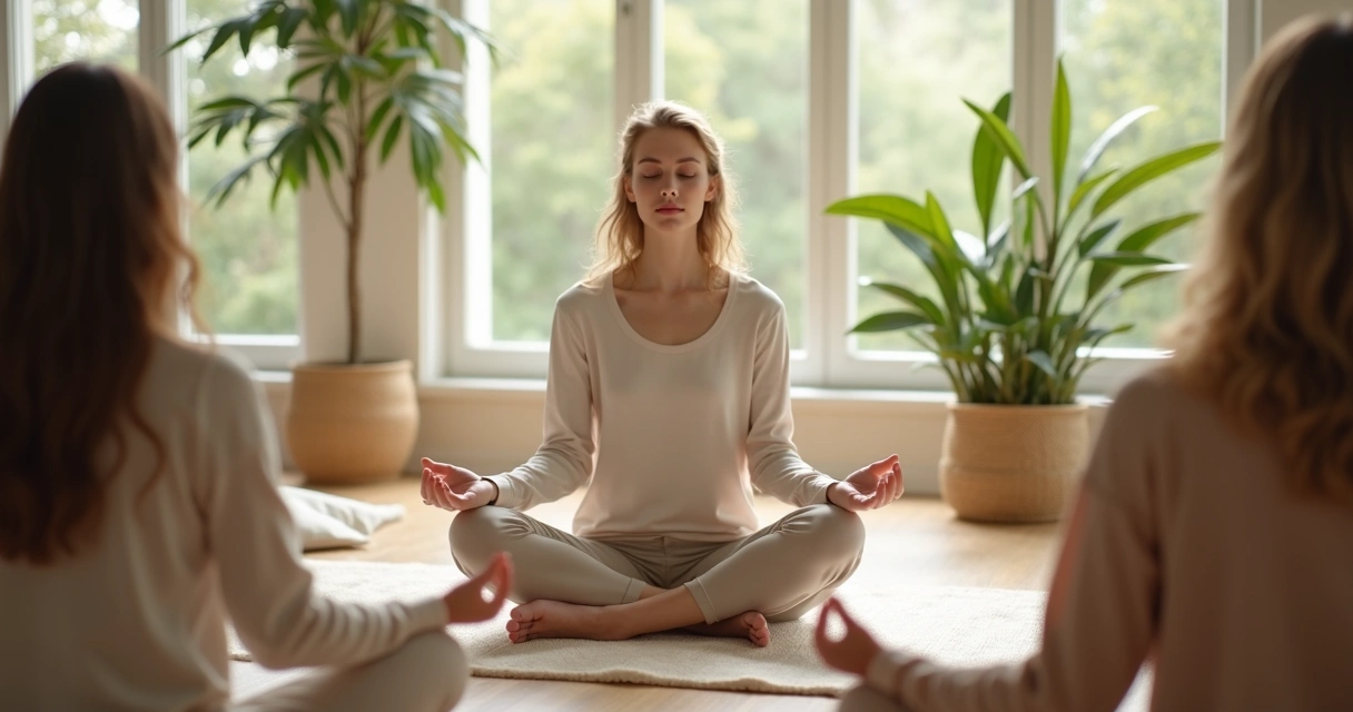 Pessoa meditando em grupo em sala tranquila