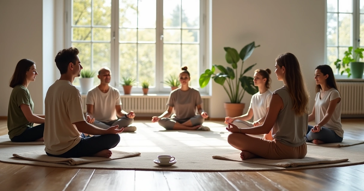 Grupo meditando em círculo em sala clara