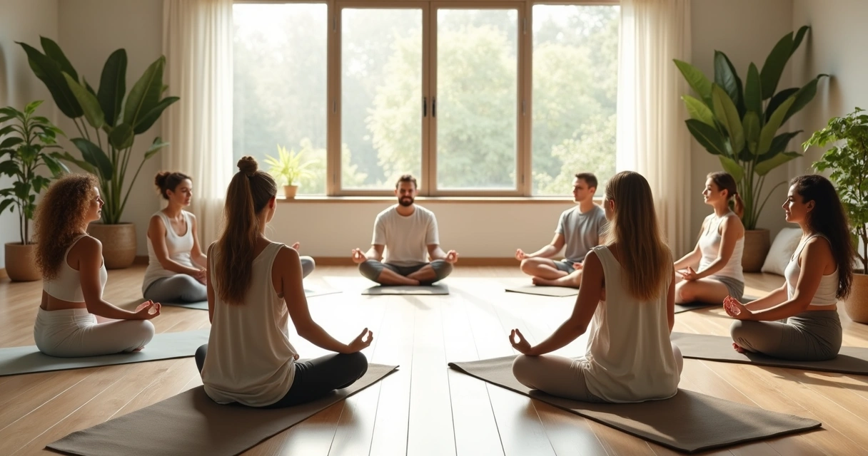 Pessoas sentadas em círculo durante meditação em grupo em sala clara 