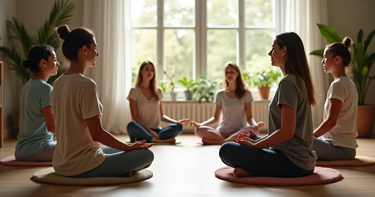 Pessoas em meditação sentadas em roda em ambiente sereno 