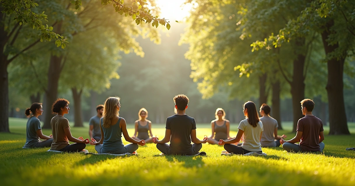 Grupo de pessoas sentadas meditando em círculo ao ar livre com árvores no fundo 