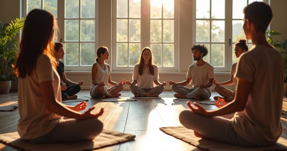 Grupo sentado em círculo praticando meditação guiada para empatia e compaixão 
