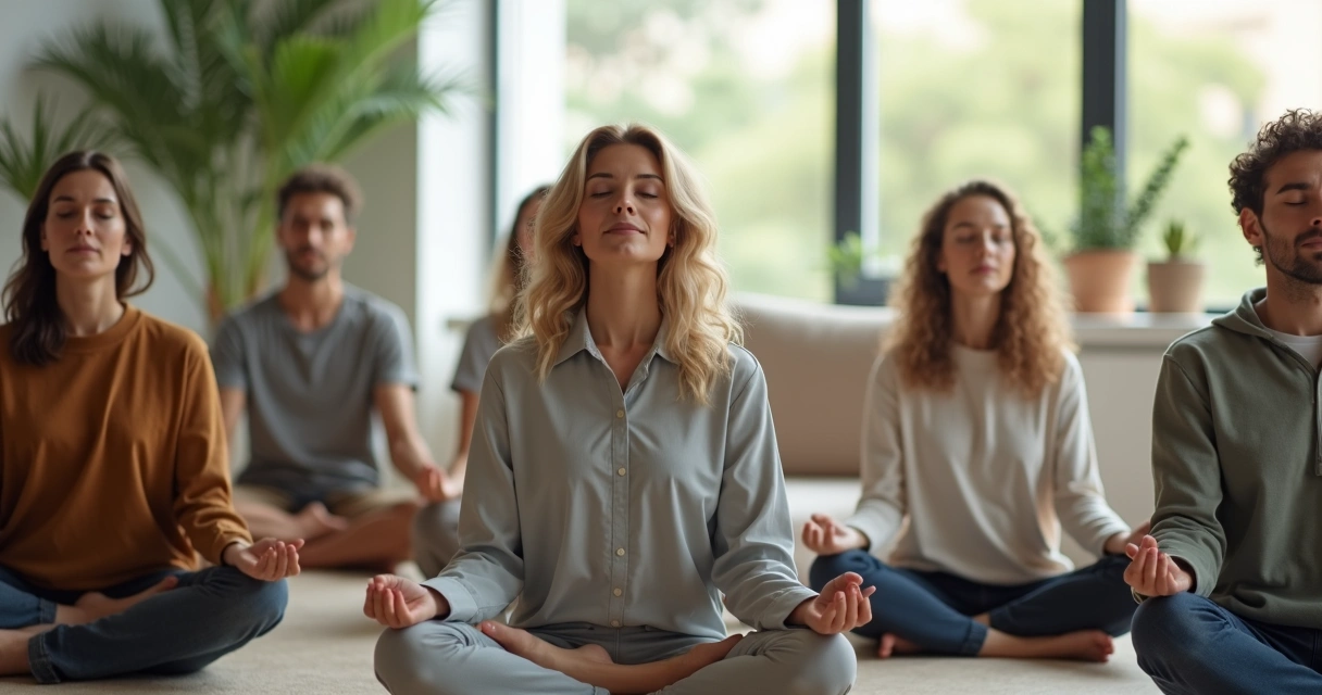 Equipes praticando meditação juntas em ambiente corporativo 