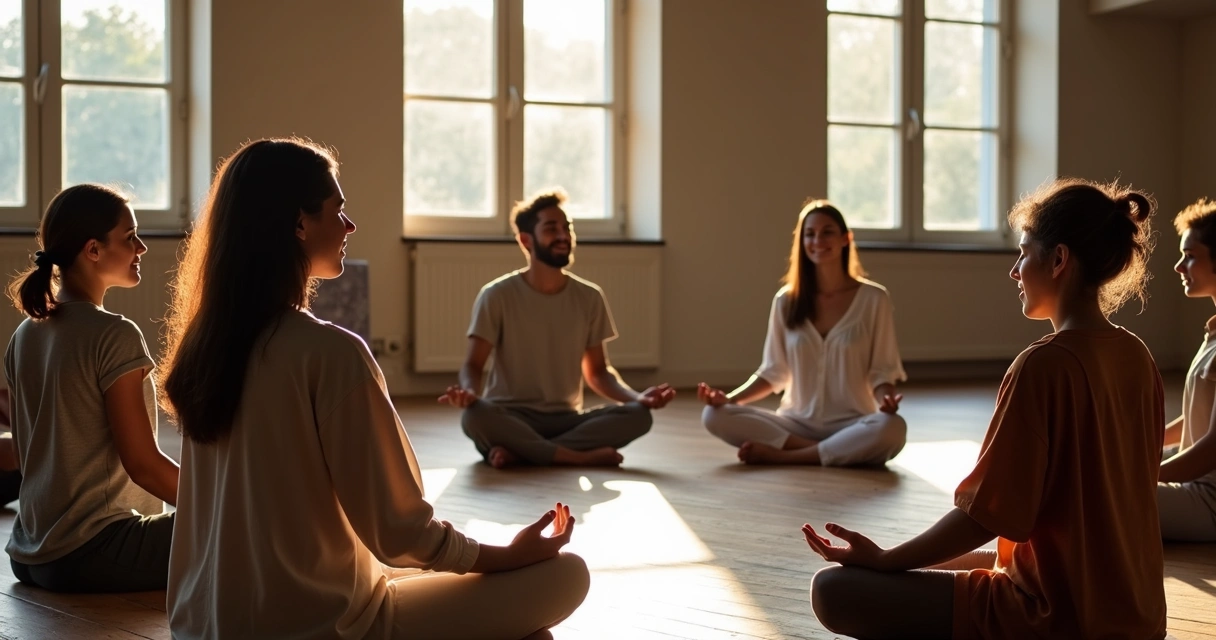 Grupo multicultural meditando em círculo 