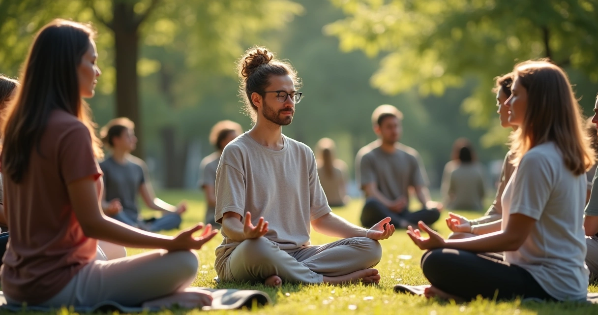 Grupo de pessoas praticando meditação ao ar livre com paisagem natural ao fundo. 