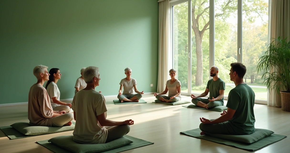 Grupo de pessoas sentadas em círculo numa sala ampla, com luz suave. 