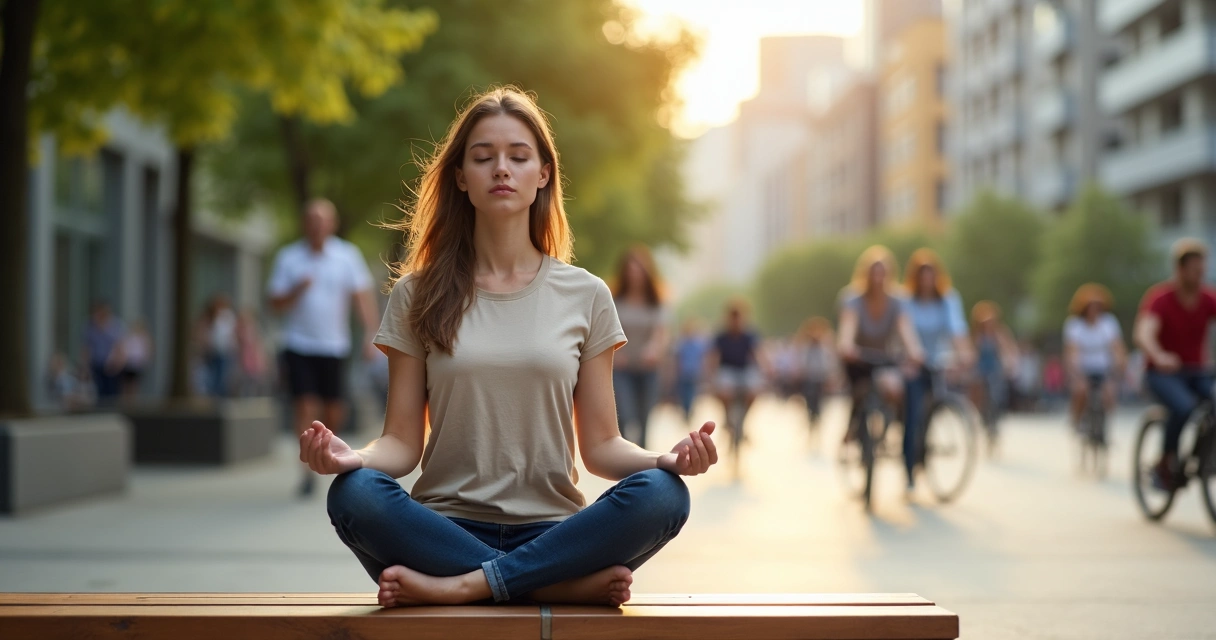 Mulher meditando sentada em banco de praça movimentada 