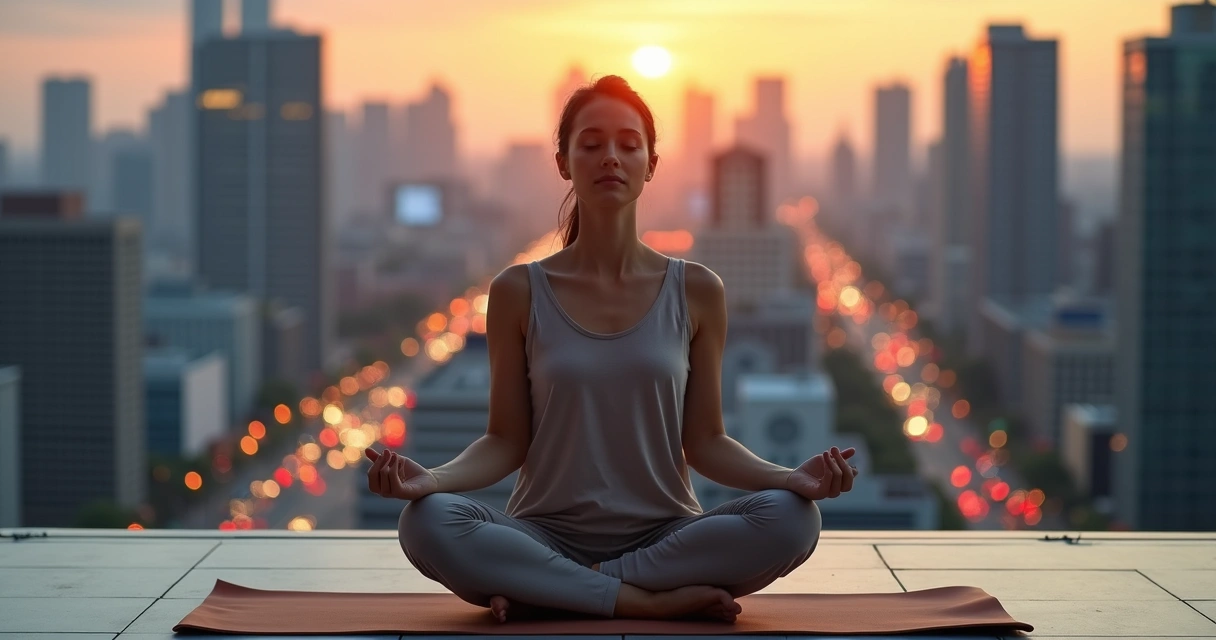 Pessoa meditando em posição de lótus em um terraço com cidade ao fundo 