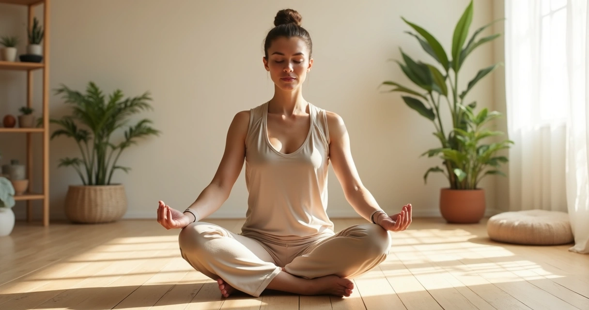 Pessoa praticando meditação com movimento em sala clara 