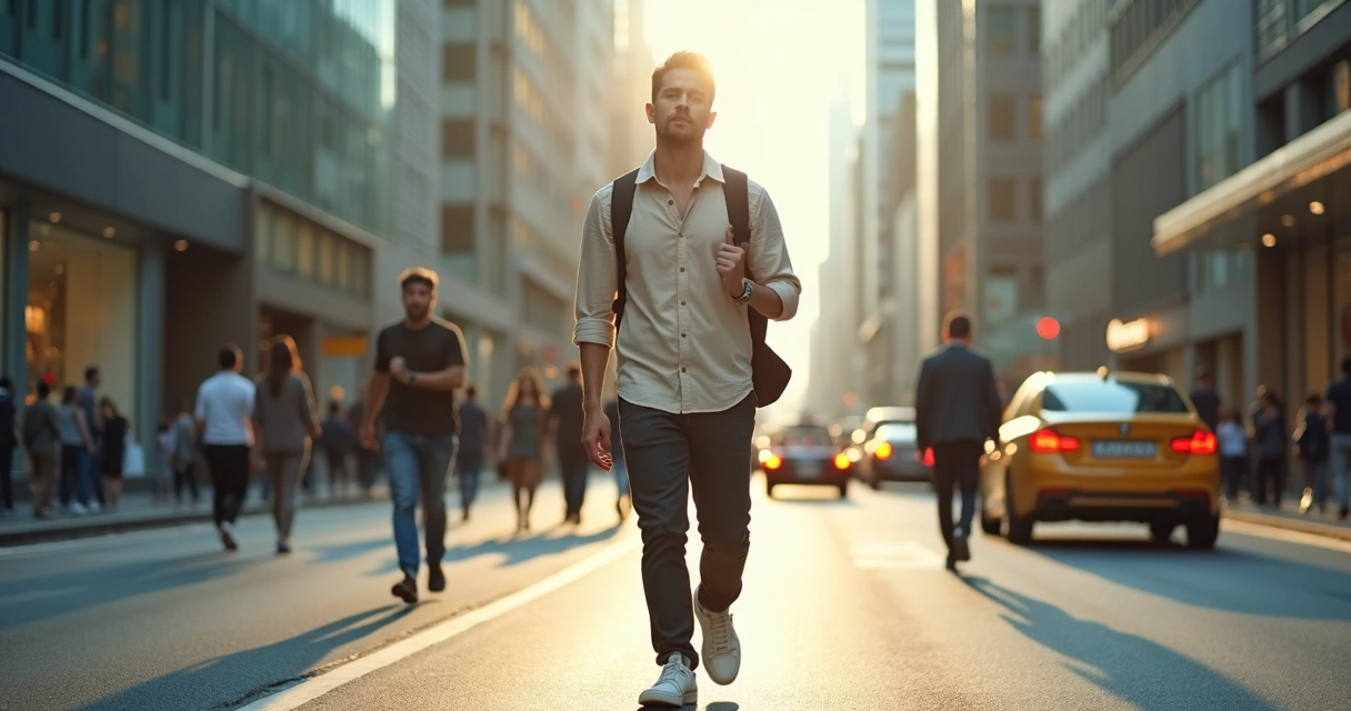 Pessoa caminhando em cidade movimentada praticando meditacao em movimento 