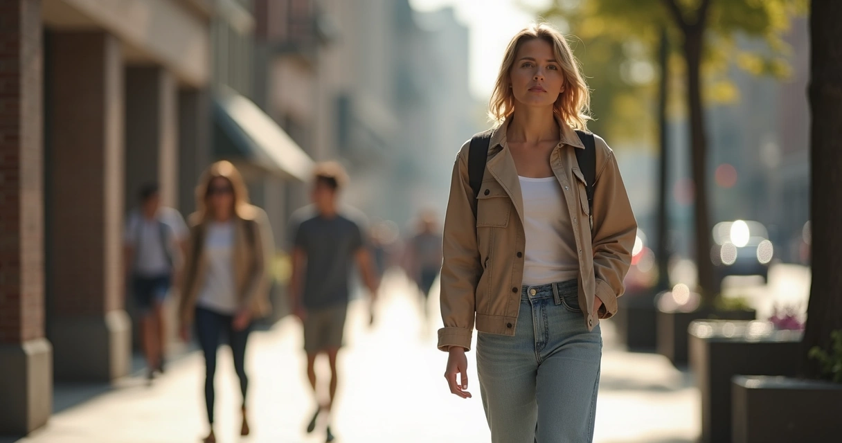 Mulher caminhando pela calçada praticando atenção plena com olhar sereno 