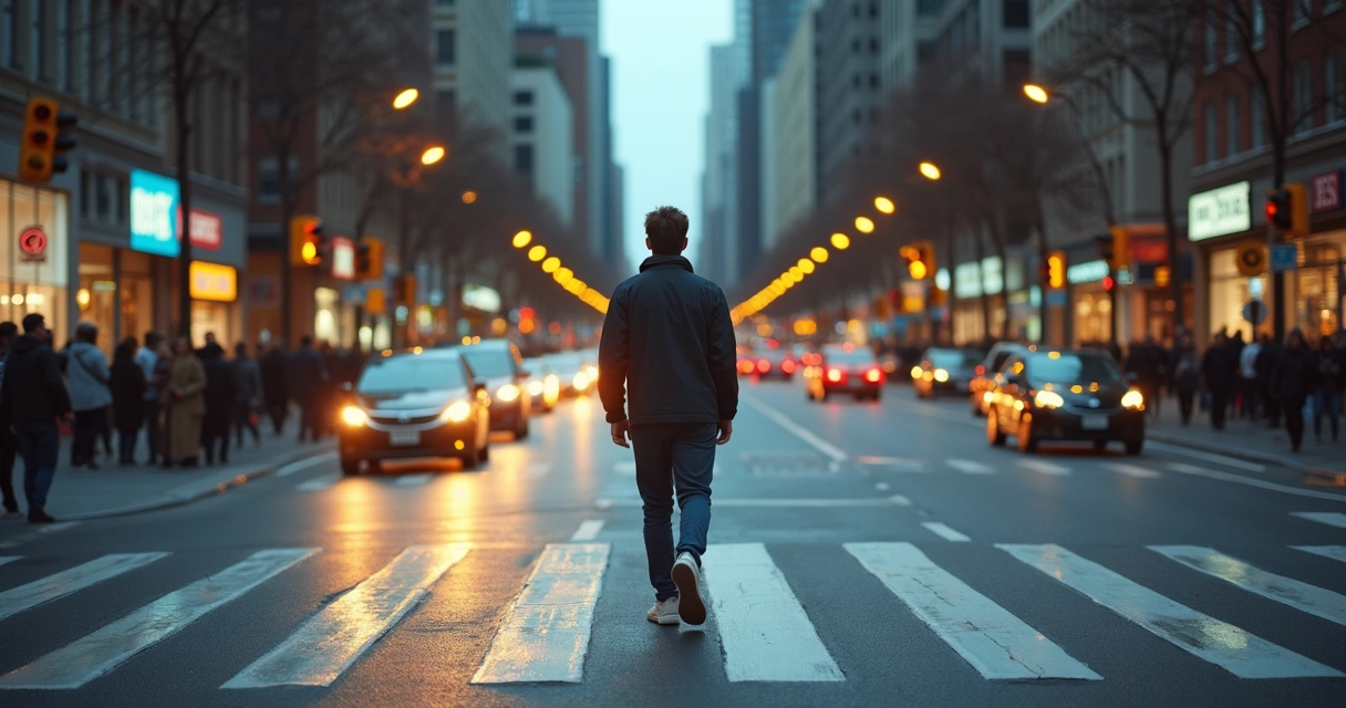 Pessoa caminhando em rua movimentada com rastros de luz criando efeito de calma em meio ao fluxo urbano 