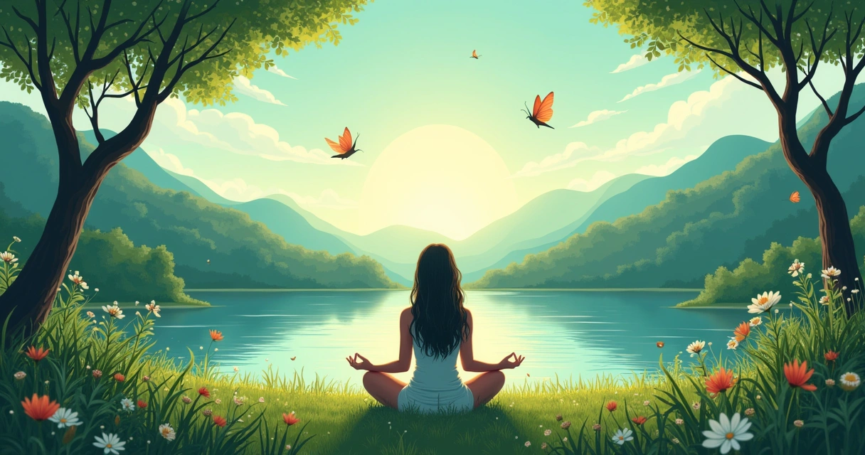 Pessoa meditando em um campo tranquilo com natureza ao redor, árvore e lago ao fundo, refletindo calma e autoconhecimento.