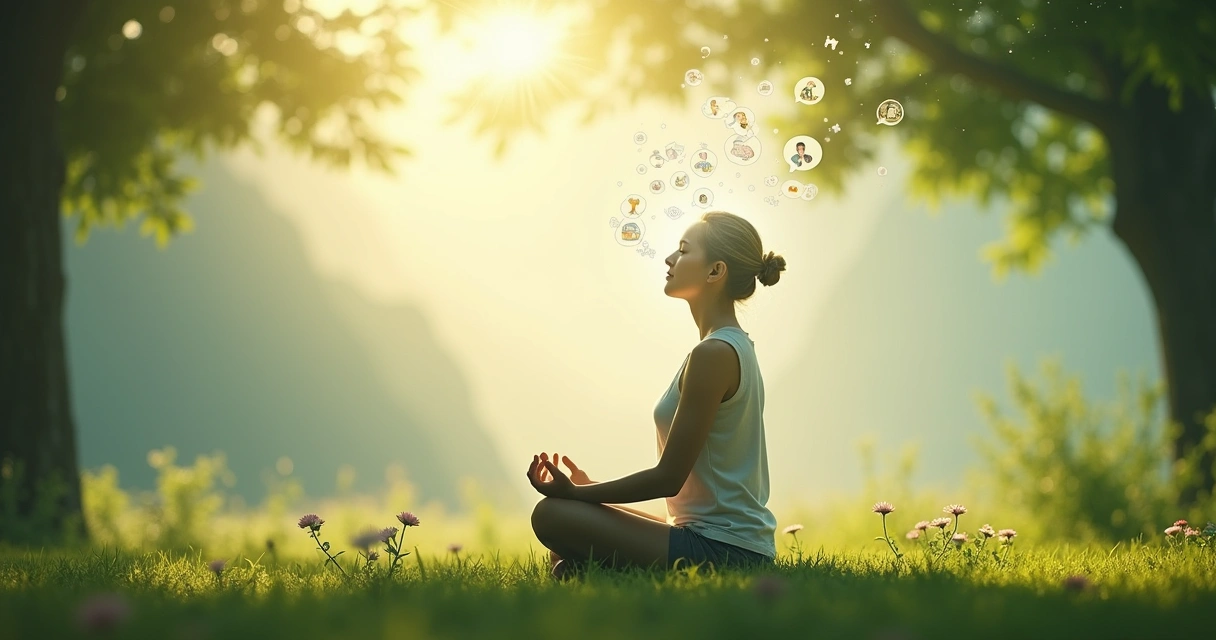 A pessoa meditando em um ambiente sereno cercado por natureza exuberante, simbolizando autoconhecimento.