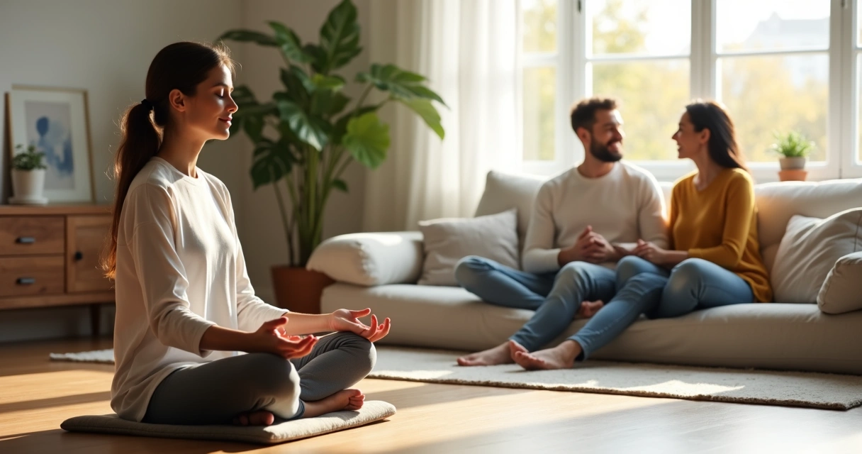 Pessoa meditando em uma sala iluminada, com casal sorrindo ao fundo 