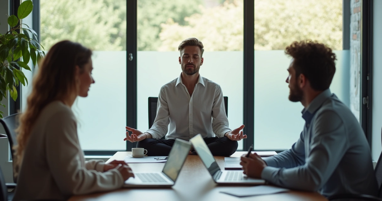 Três pessoas em reunião, uma delas com olhos fechados em meditação, ambiente de escritório tranquilo 