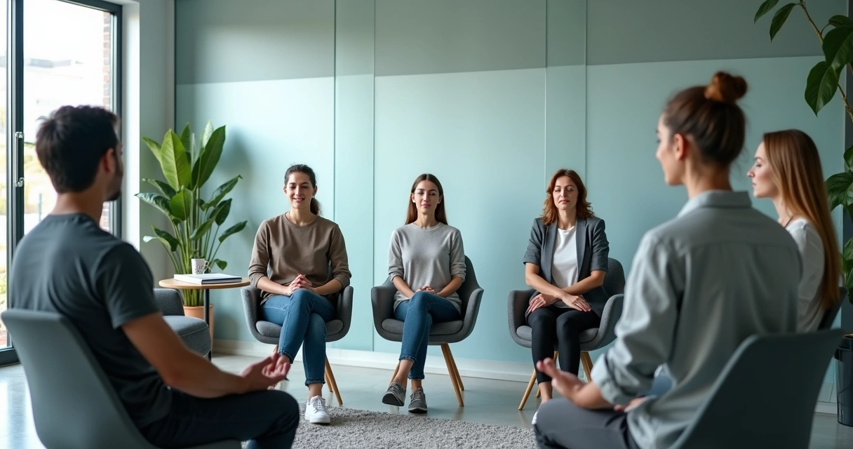 Grupo em meditação em sala corporativa