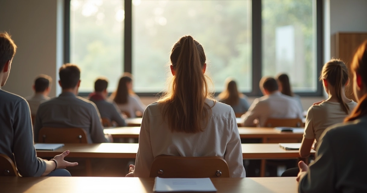 Estudantes sentados em silêncio em sala universitária 