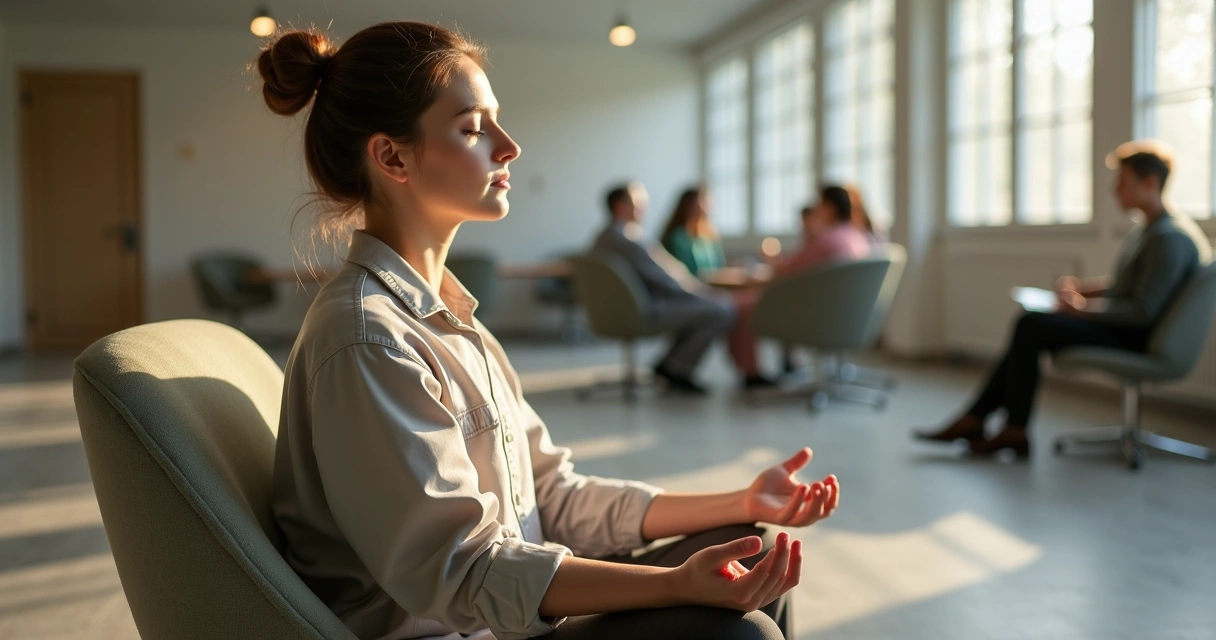 Pessoa meditando discretamente em sala compartilhada 