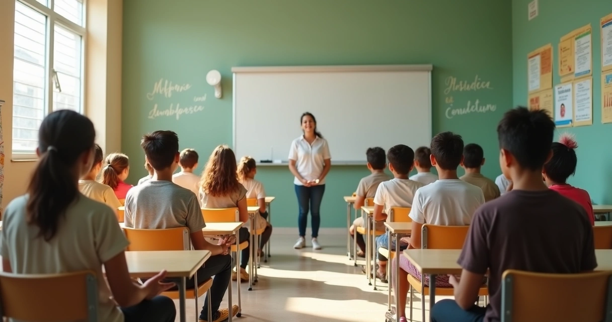 Professor conduz prática de meditação com alunos em sala de aula 
