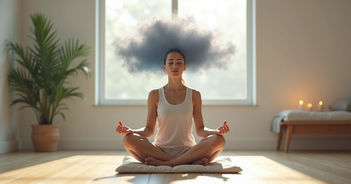 Pessoa meditando em sala tranquila com expressão serena diante de pensamentos turbulentos ao fundo 