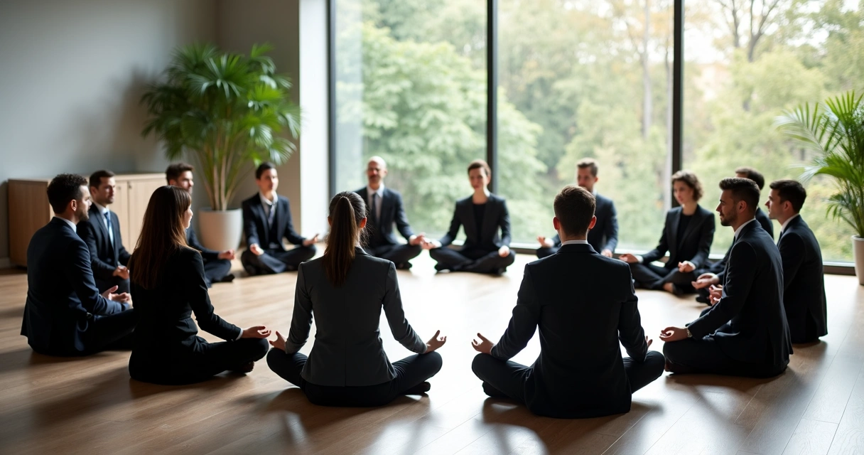 Colaboradores meditando juntos em uma sala de escritório 