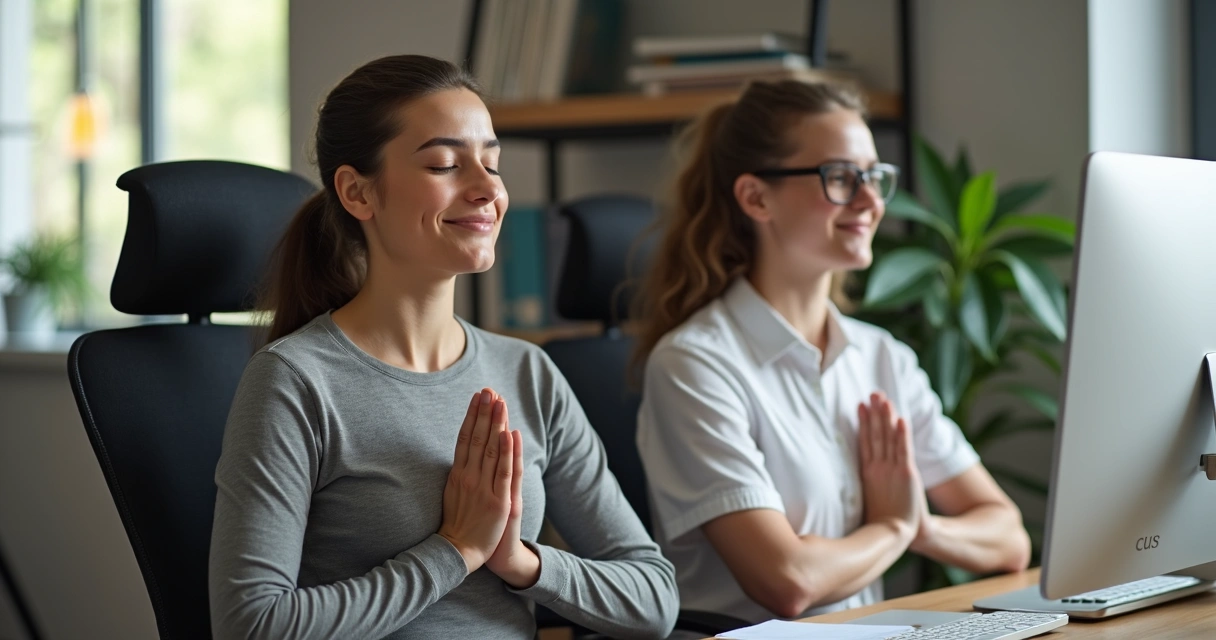 Dois colaboradores praticando respiração consciente no escritório 