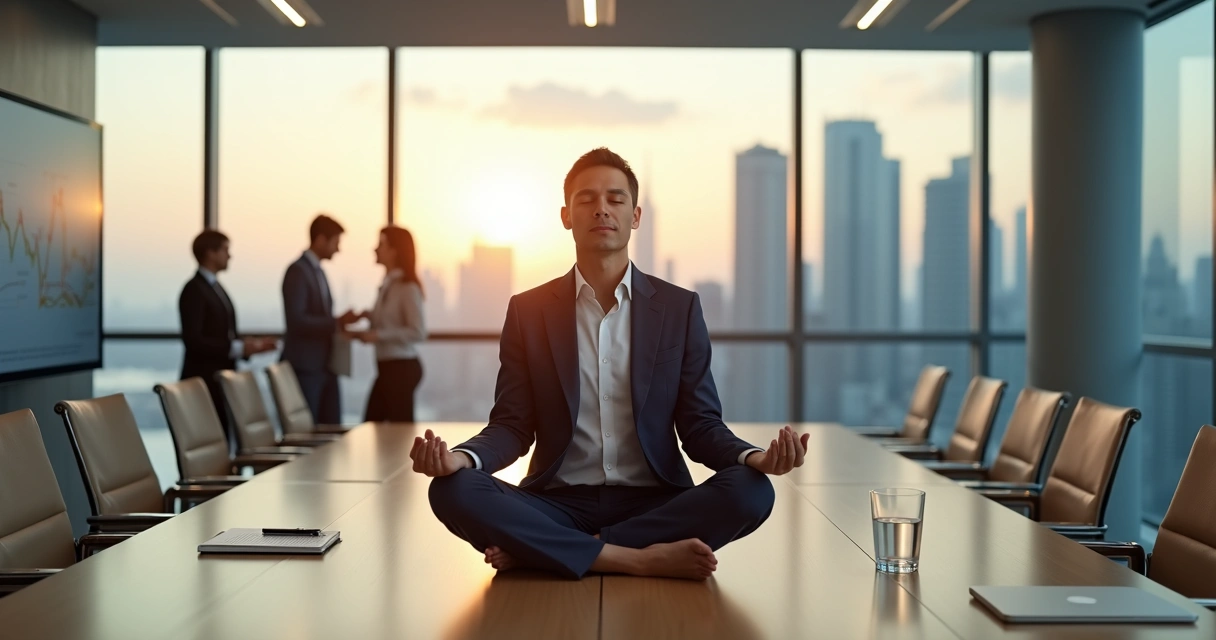 Executivo sentado meditando em sala de reunião moderna com equipe ao fundo 