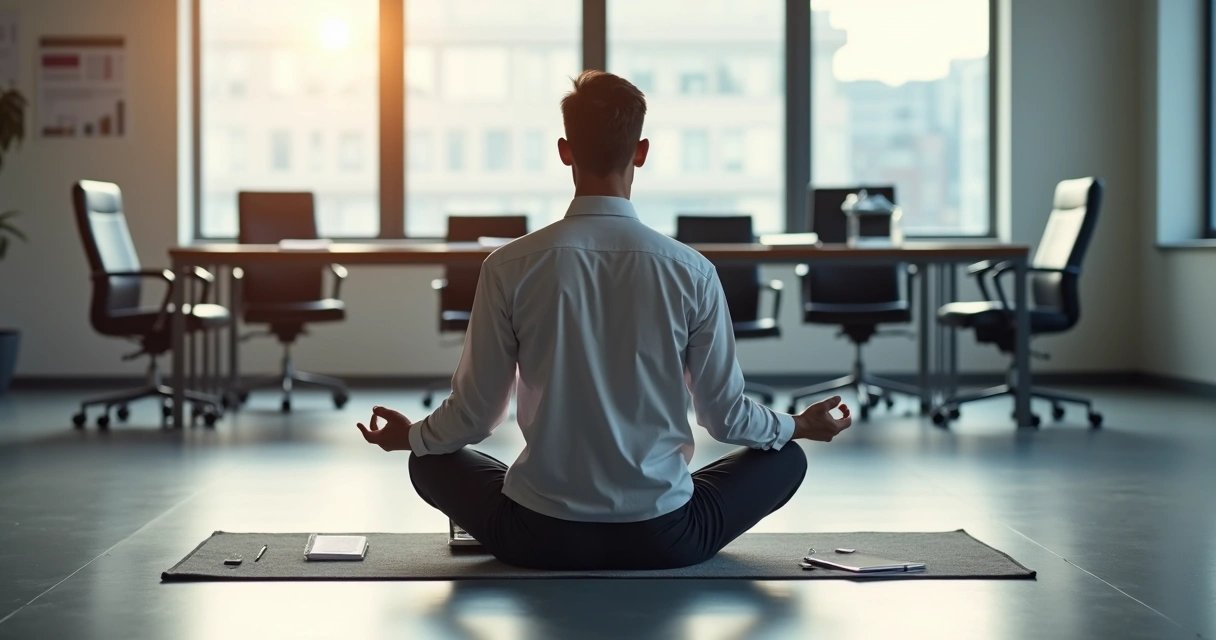 Empresário sentado em posição de lótus meditando em uma sala de reuniões 