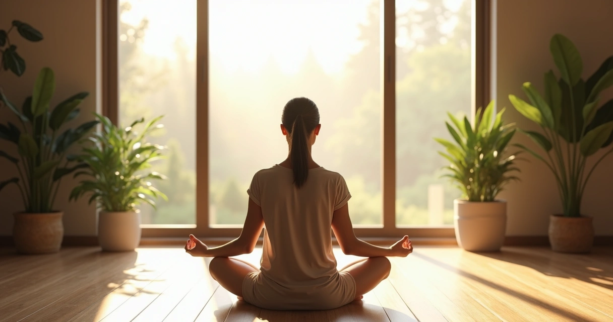 Pessoa sentada praticando meditação em local tranquilo perto de janela com luz natural