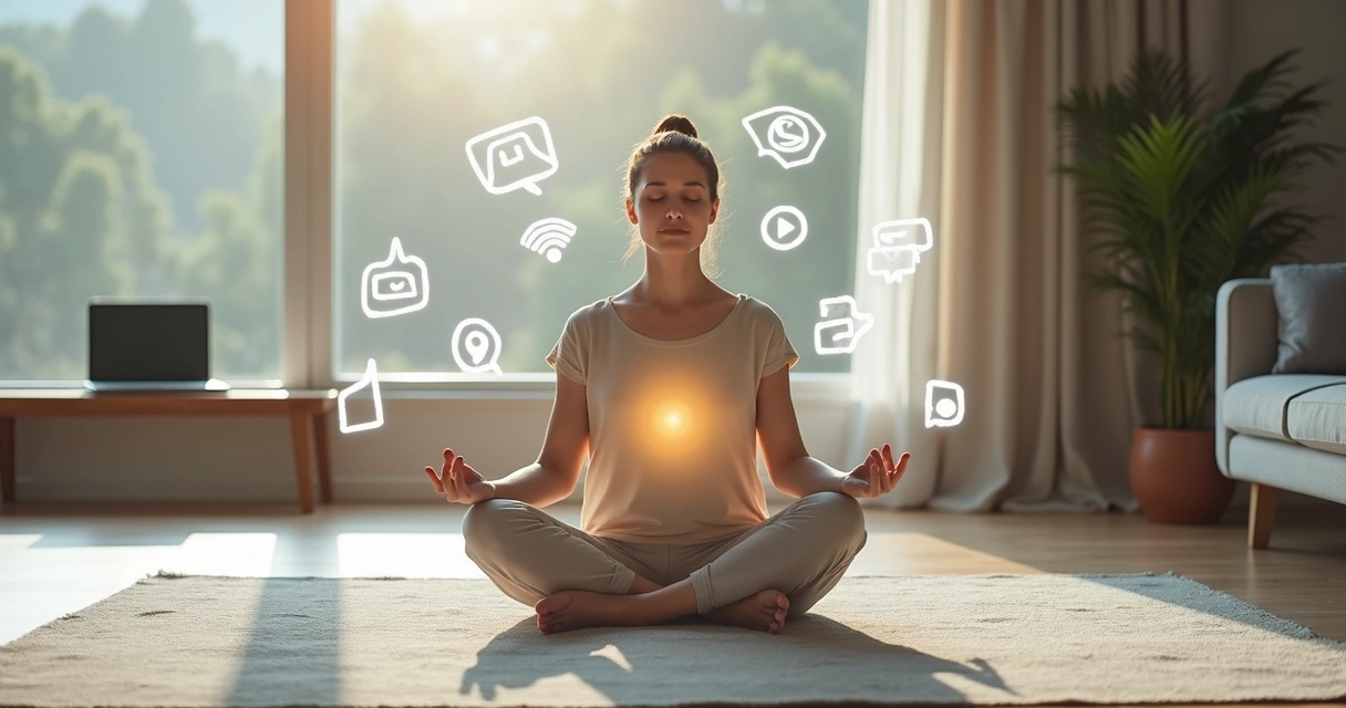Pessoa meditando em sala moderna com icones digitais flutuando ao redor 