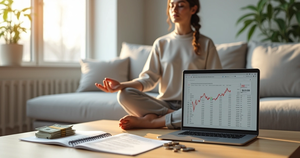Pessoa meditando em frente a planilha financeira com atmosfera de calma 