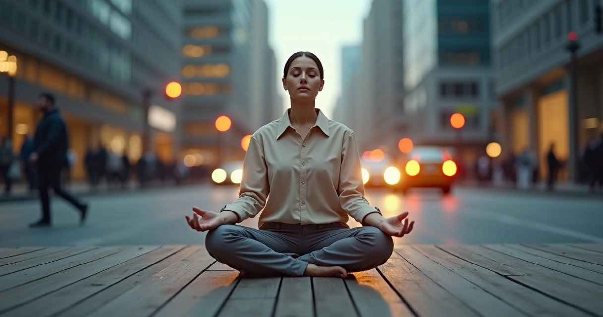 Pessoa meditando em posição de lótus em meio a cidade desfocada e caótica ao fundo 