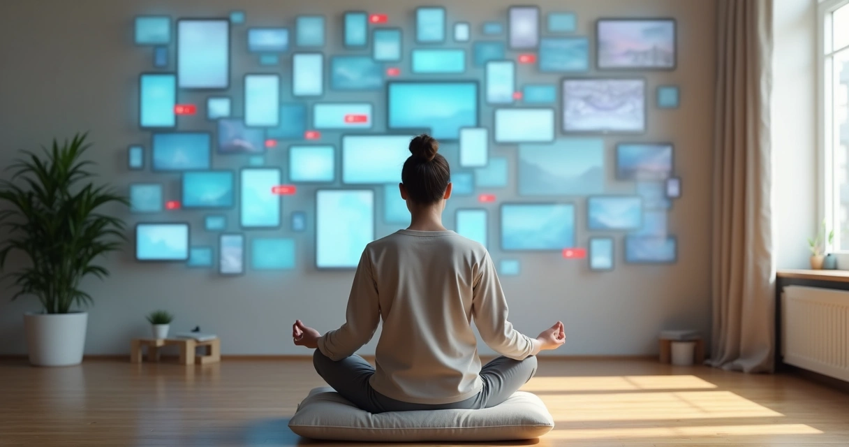 Pessoa meditando em frente a uma parede cheia de telas de redes sociais 