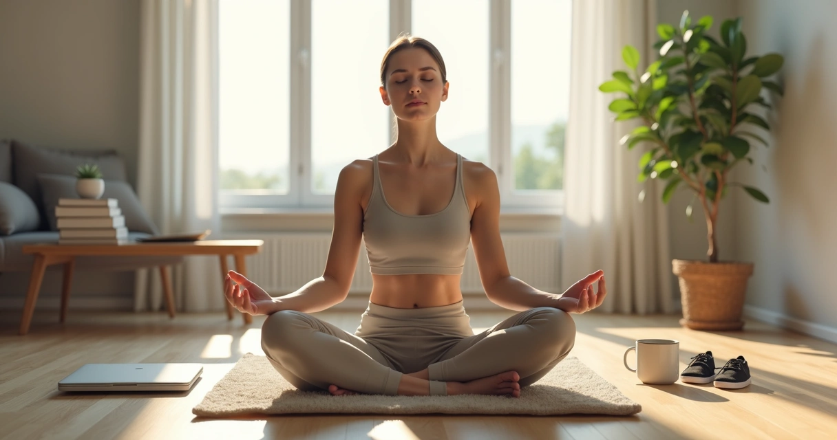 Pessoa meditando em posição de lótus em sala moderna com elementos da vida cotidiana ao redor 
