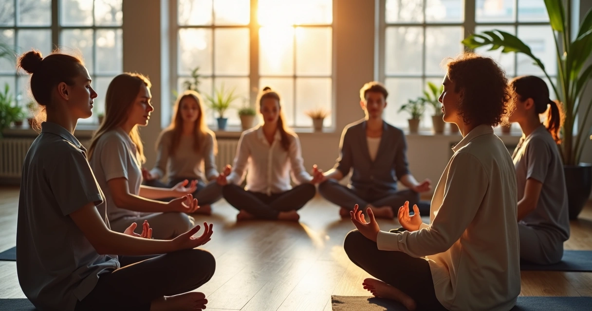 Grupo sentado em círculo durante meditação em sala de trabalho 