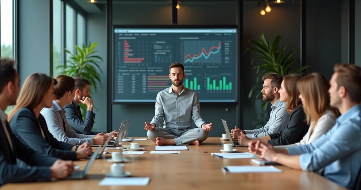 Equipe de alta performance em reunião com uma pessoa meditando ao centro 