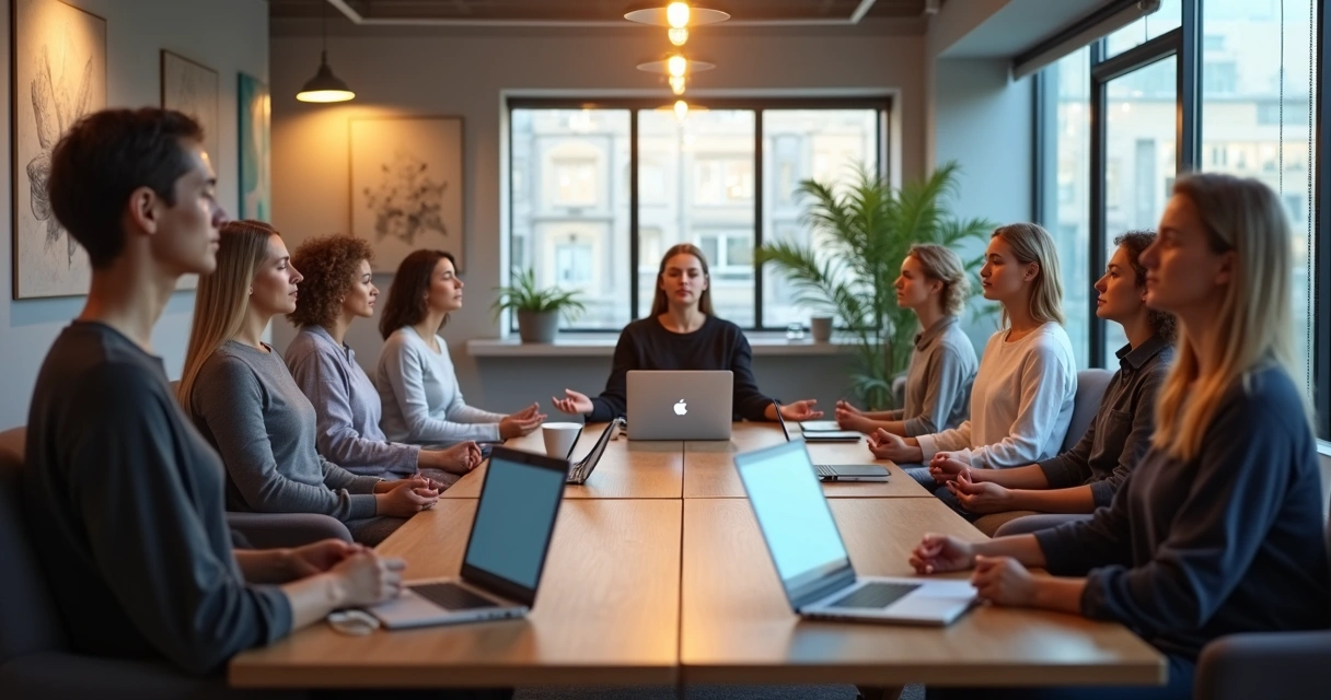 Equipe de trabalho sentada em círculo, olhos fechados, praticando meditação na empresa 
