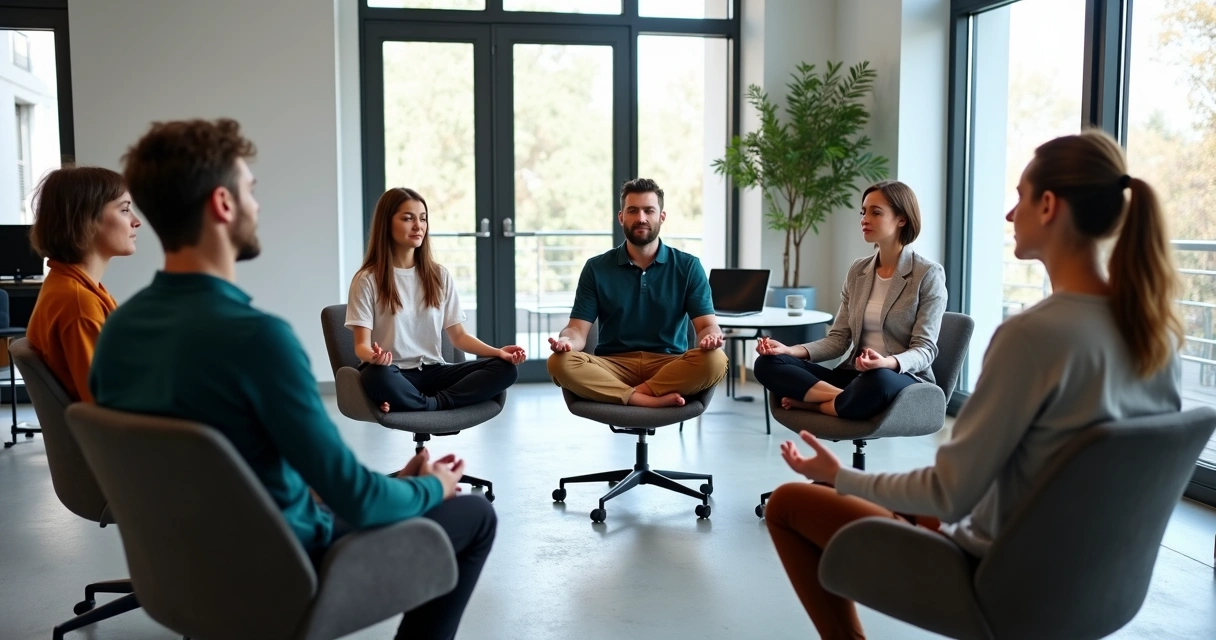 Equipe sentada em círculo meditando no escritório 