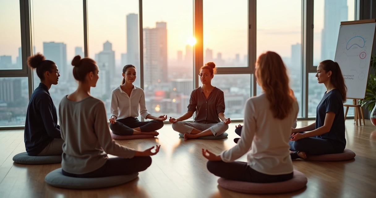 Equipe diversa em roda de meditação em sala de reunião moderna 