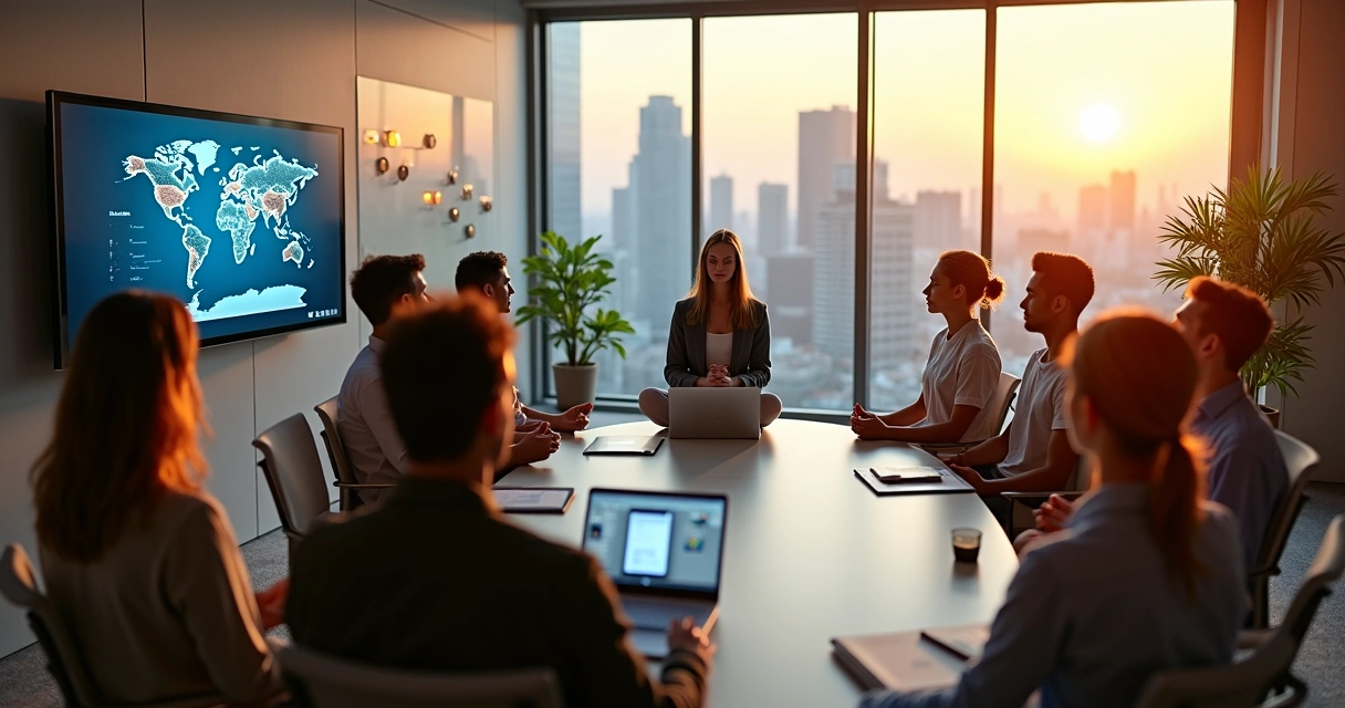 Equipe global em videoconferência praticando meditação guiada em escritório moderno 