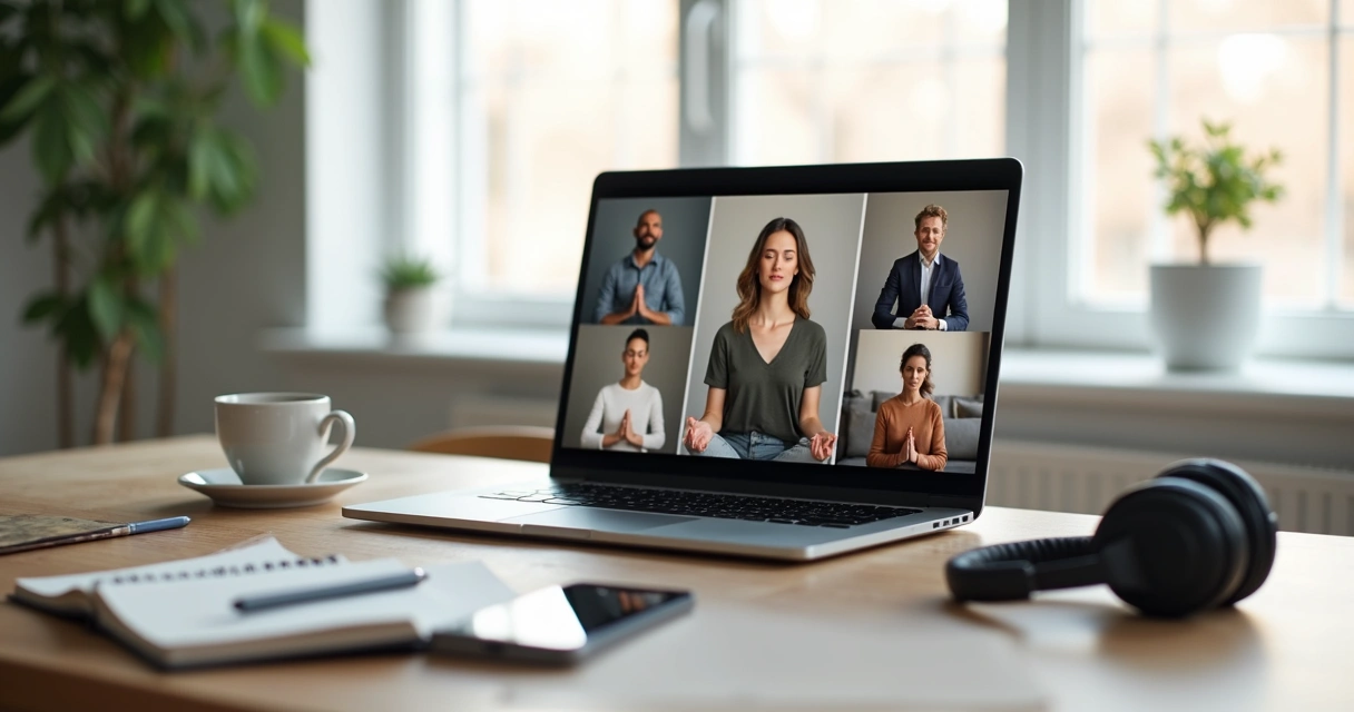 Equipe híbrida em videoconferência fazendo meditação guiada conjunta 