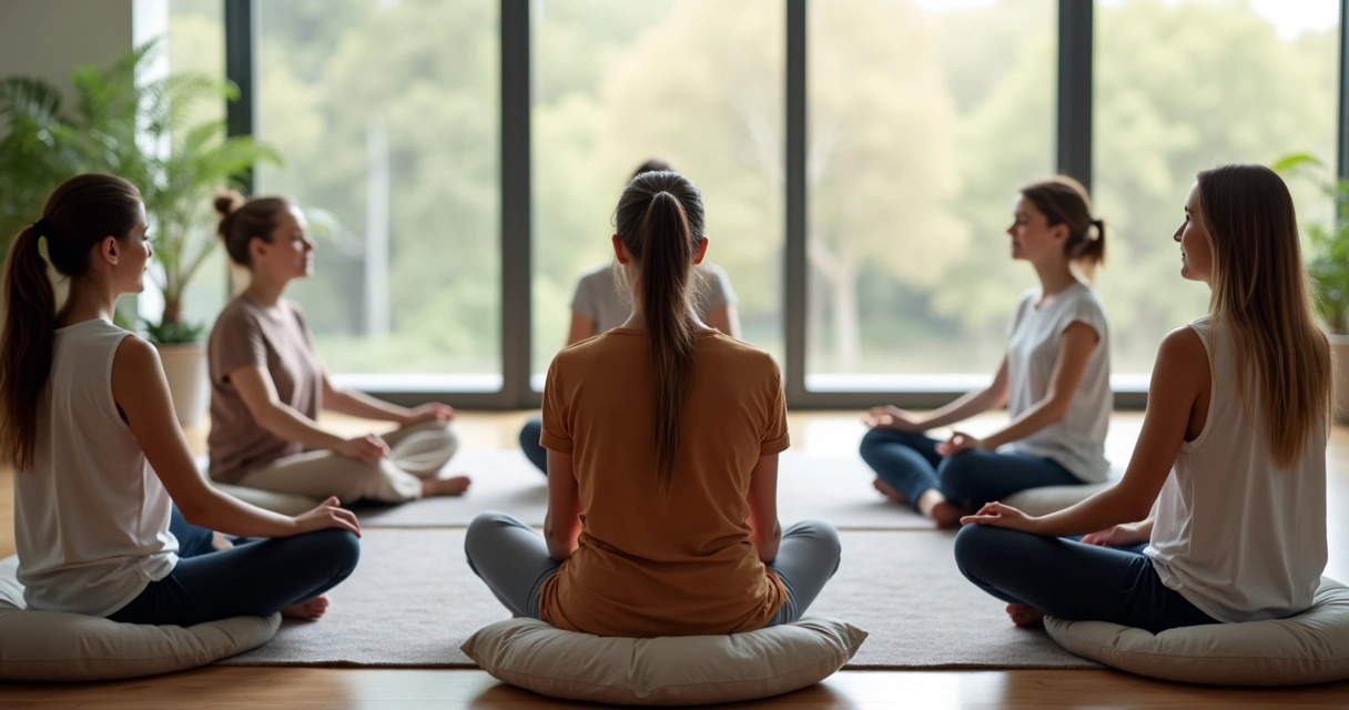 Grupo de pessoas sentadas em círculo praticando meditação em uma sala iluminada 