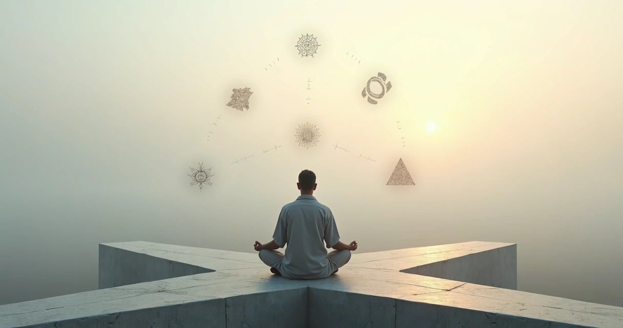 Pessoa em encruzilhada entre cinco caminhos refletindo em silêncio 