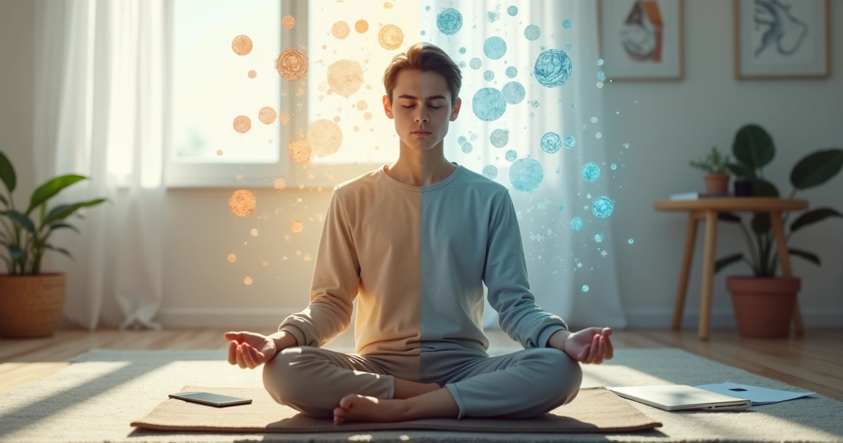 Pessoa meditando com mente dividida entre calma e distrações 